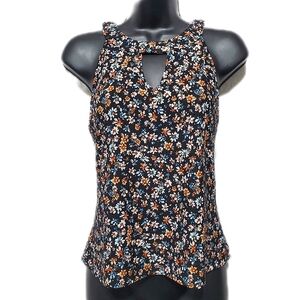 2/$30 The General Good Floral Print Mesh Keyhole Halter Tank Top Black Multi L